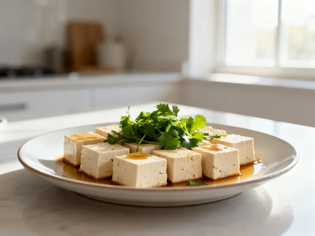 Talerz z kostkami tofu w sosie sojowym i świeżymi ziołami, podkreślający apetyczny i lekki charakter dania.