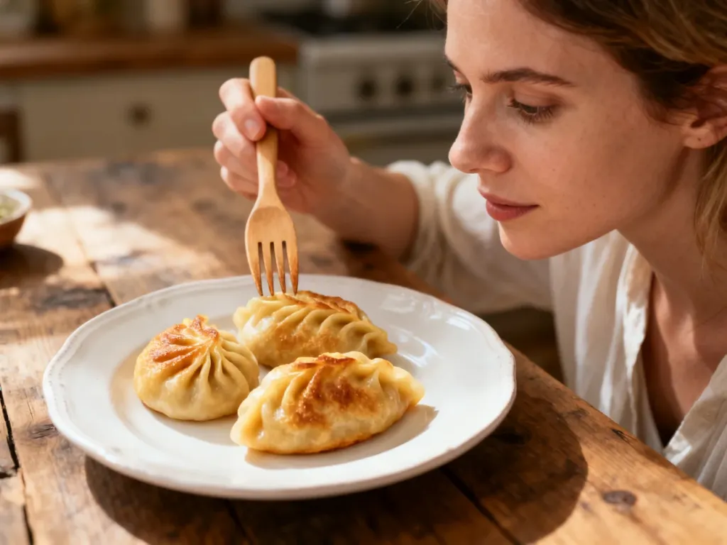 Złociste pierogi na talerzu, gotowe do zjedzenia w przytulnej kuchni. Apetyczne zbliżenie na domowy posiłek.