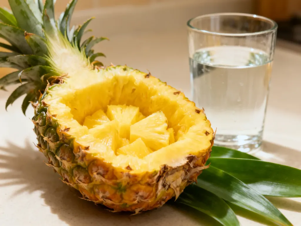 Świeży, przekrojony ananas obok szklanki wody w jasnej kuchni, podkreślający właściwości wspomagające trawienie.