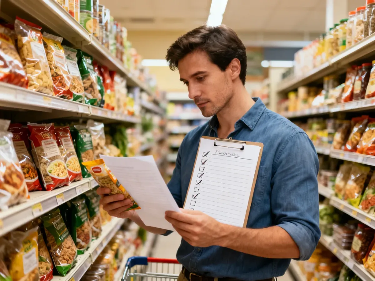 Konsument sprawdzający etykietę produktu przed zakupem