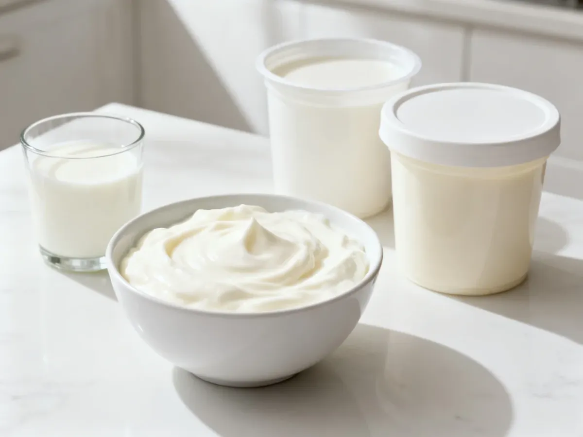 Jogurt naturalny i mleko przedstawione jako produkty zawierające różne ilości laktozy