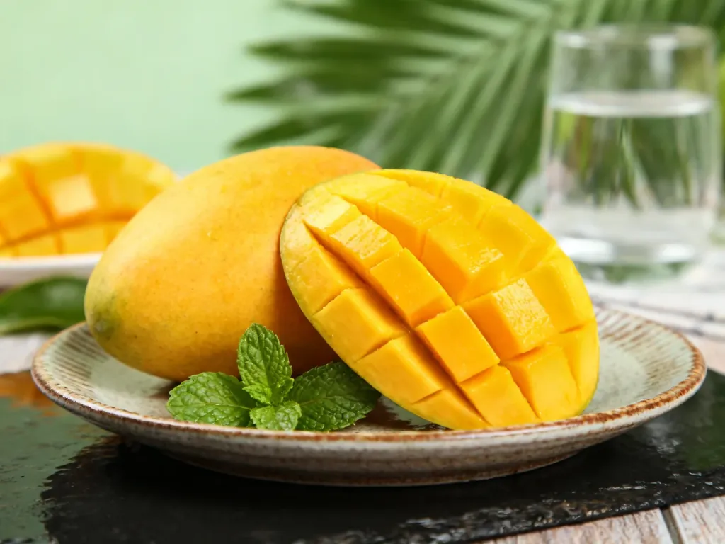 Soczyste, pokrojone mango na ceramicznym talerzu z listkami mięty, podkreślające świeżość i apetyczny wygląd owocu.