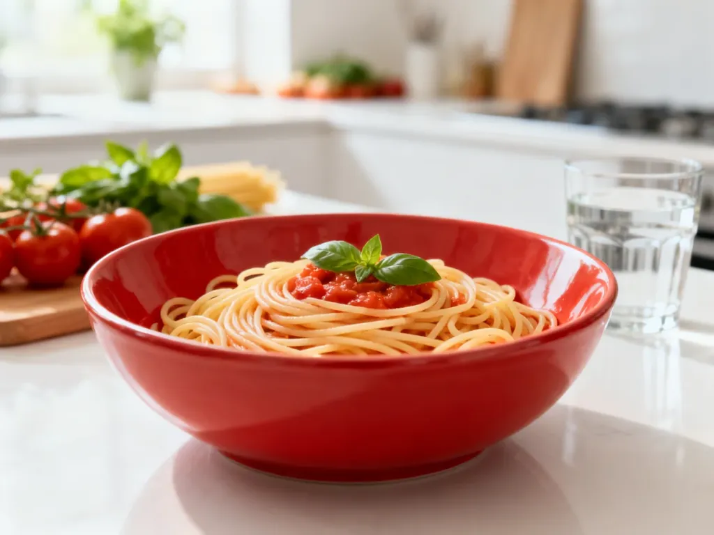 Talerz spaghetti z lekkim sosem pomidorowym i bazylią w jasnej kuchni, podkreślający delikatność i świeżość dania.