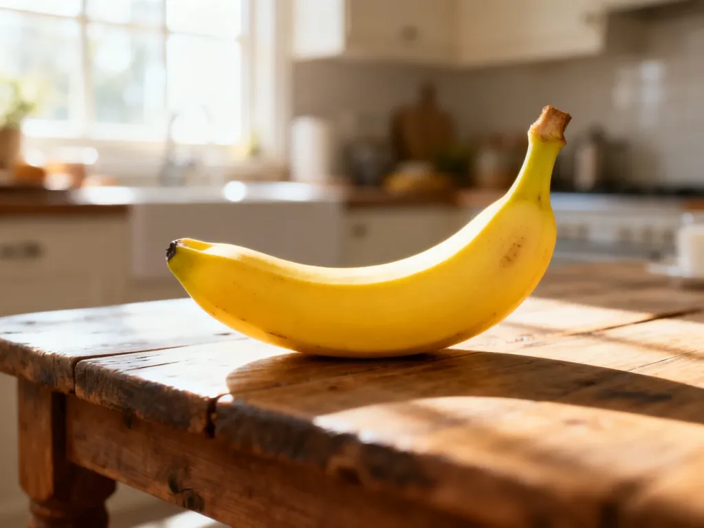 Świeży, żółty banan leżący na drewnianym stole w słonecznej kuchni.