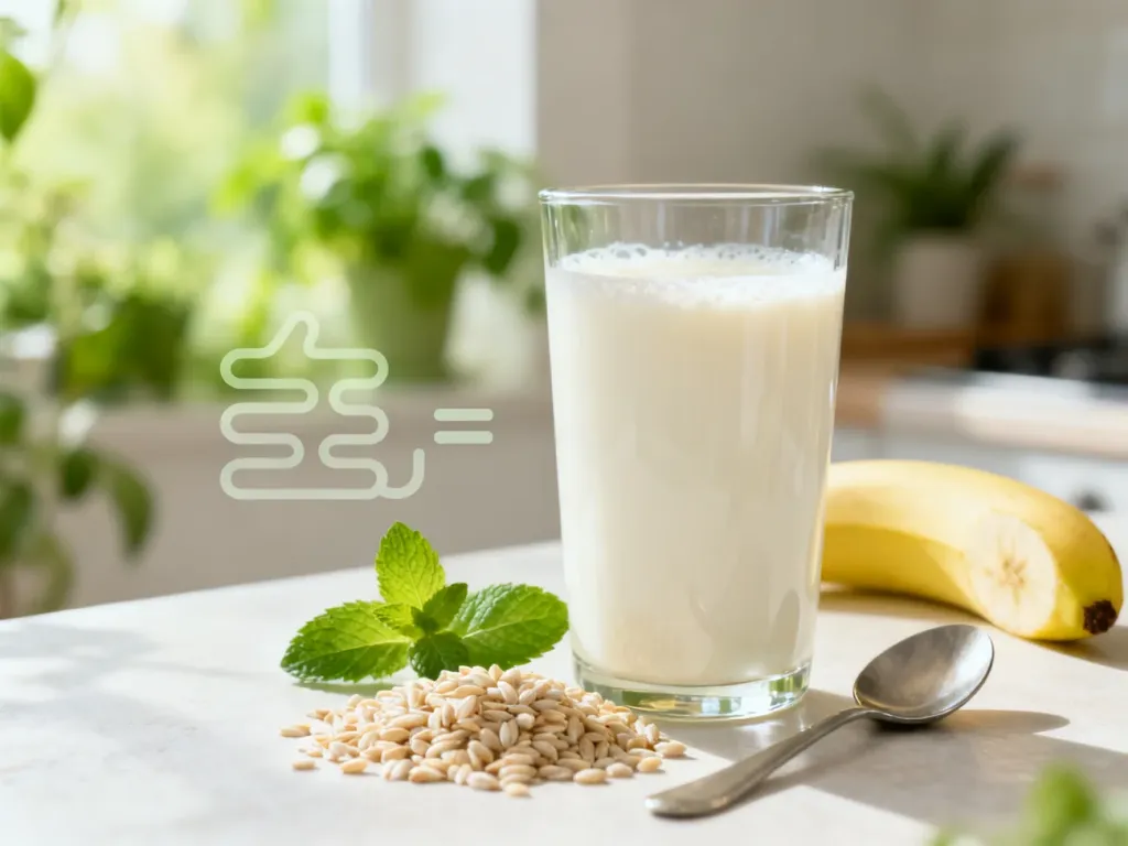 Szklanka kefiru z łyżeczką, świeżymi ziarnami, miętą i bananem na jasnym tle, podkreślająca lekkostrawne właściwości napoju.
