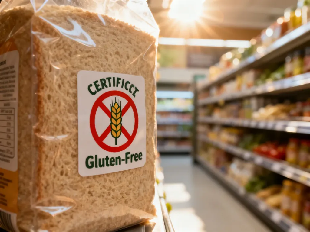 Symbol przekreślonego kłosa na opakowaniu produktu, potwierdzający jego bezglutenowy skład w warunkach sklepowych.