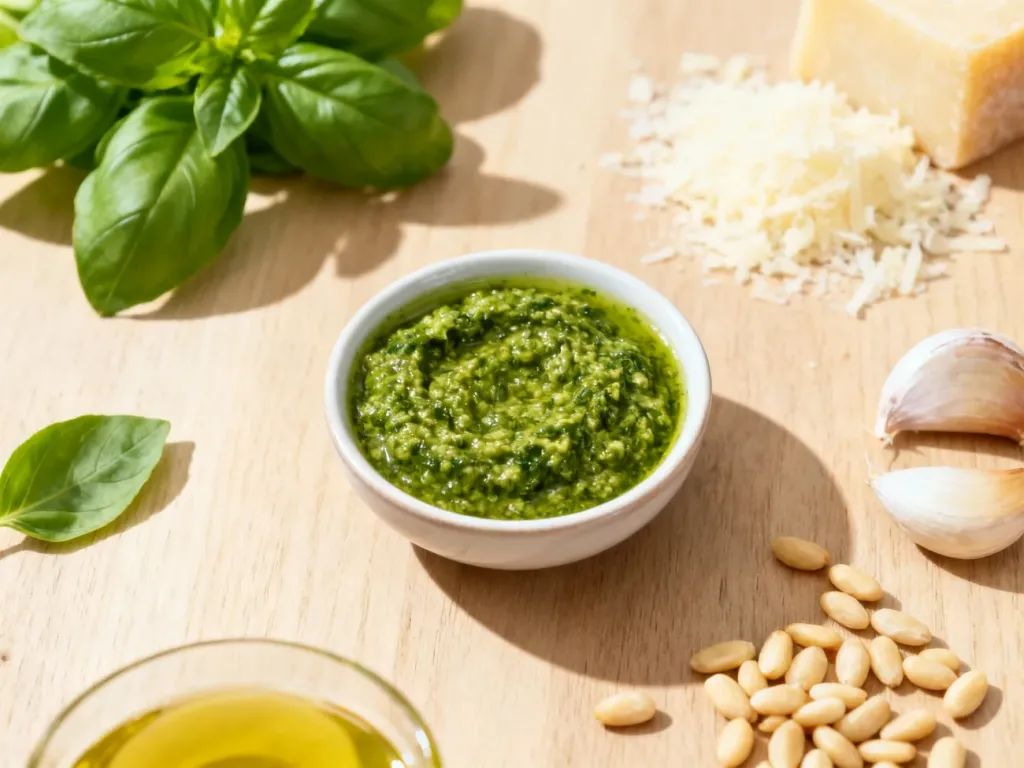 Miseczka świeżego zielonego pesto z bazylii w otoczeniu składników: orzeszków piniowych, parmezanu, czosnku i oliwy.