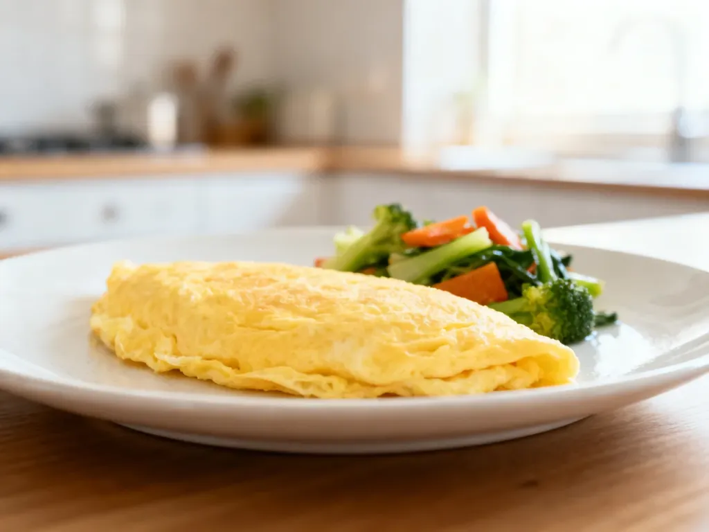 Puszysty omlet z jajek podany z warzywami na parze na białym talerzu, prezentujący lekkostrawny i zdrowy posiłek.