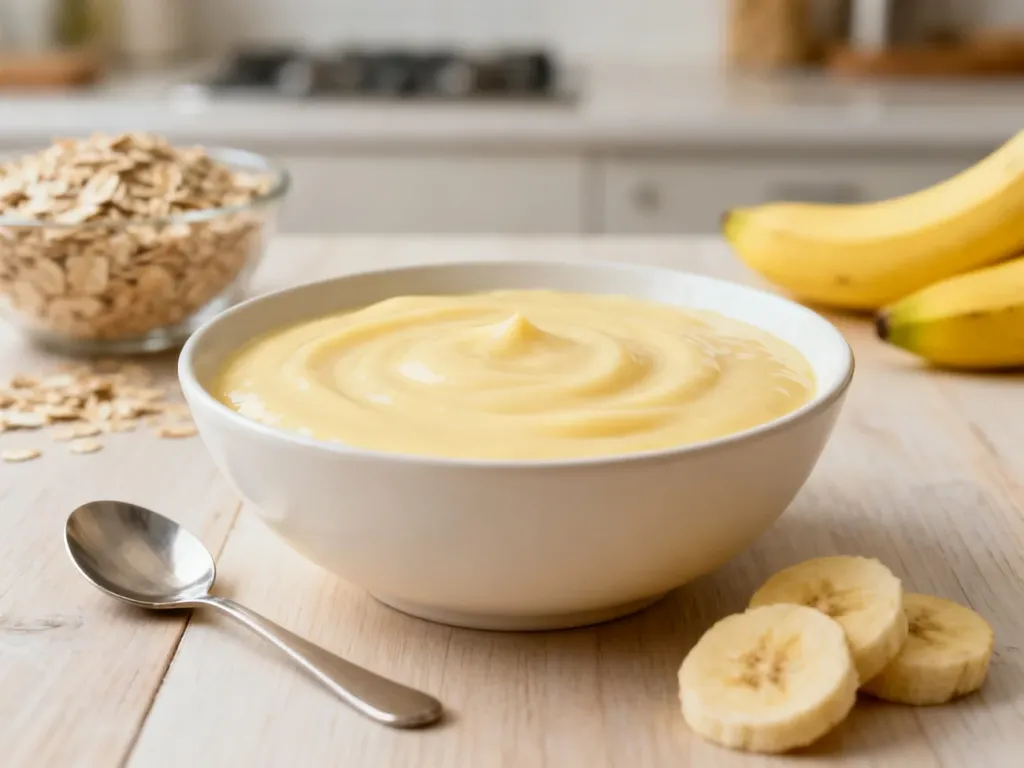 Miska waniliowego budyniu z plasterkami banana na drewnianym stole, prezentująca lekkostrawną i pożywną przekąskę.