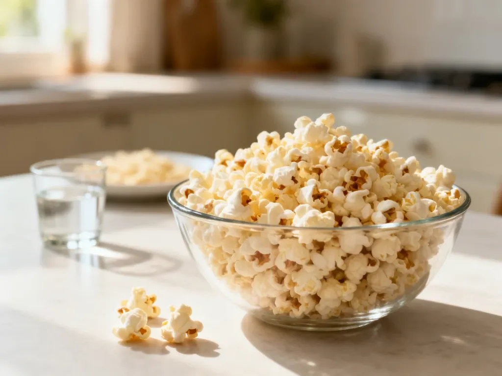 Miska naturalnego popcornu przygotowanego bez tłuszczu na jasnym stole, sugerująca lekkostrawną przekąskę.