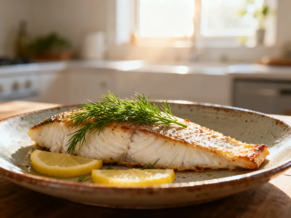 Upieczony filet z białej ryby z koperkiem i cytryną na ceramicznym talerzu, gotowy do podania.