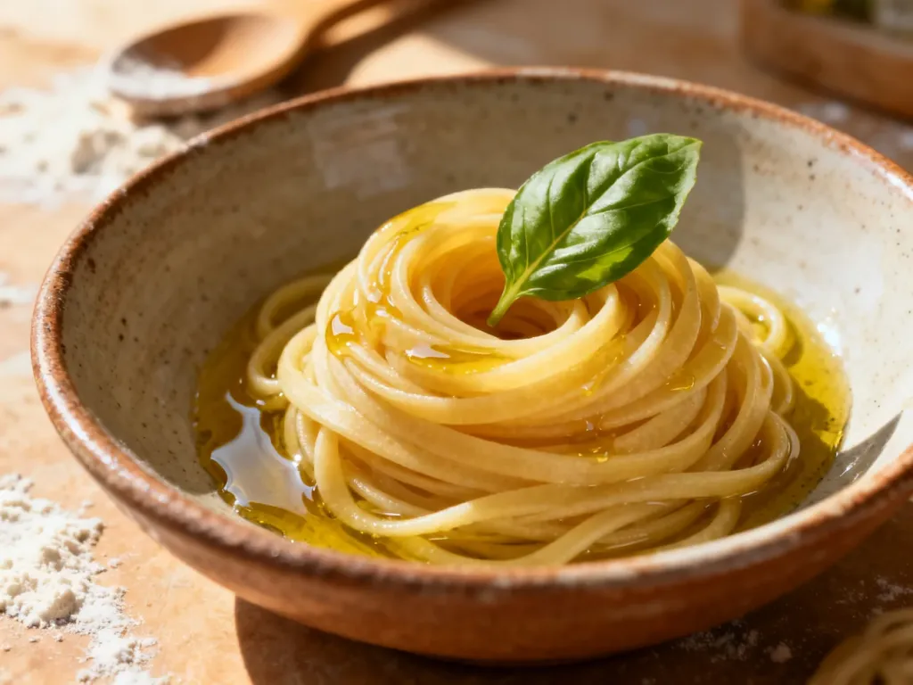 Apetyczny makaron al dente w ceramicznej misce, skropiony oliwą i udekorowany listkiem bazylii.