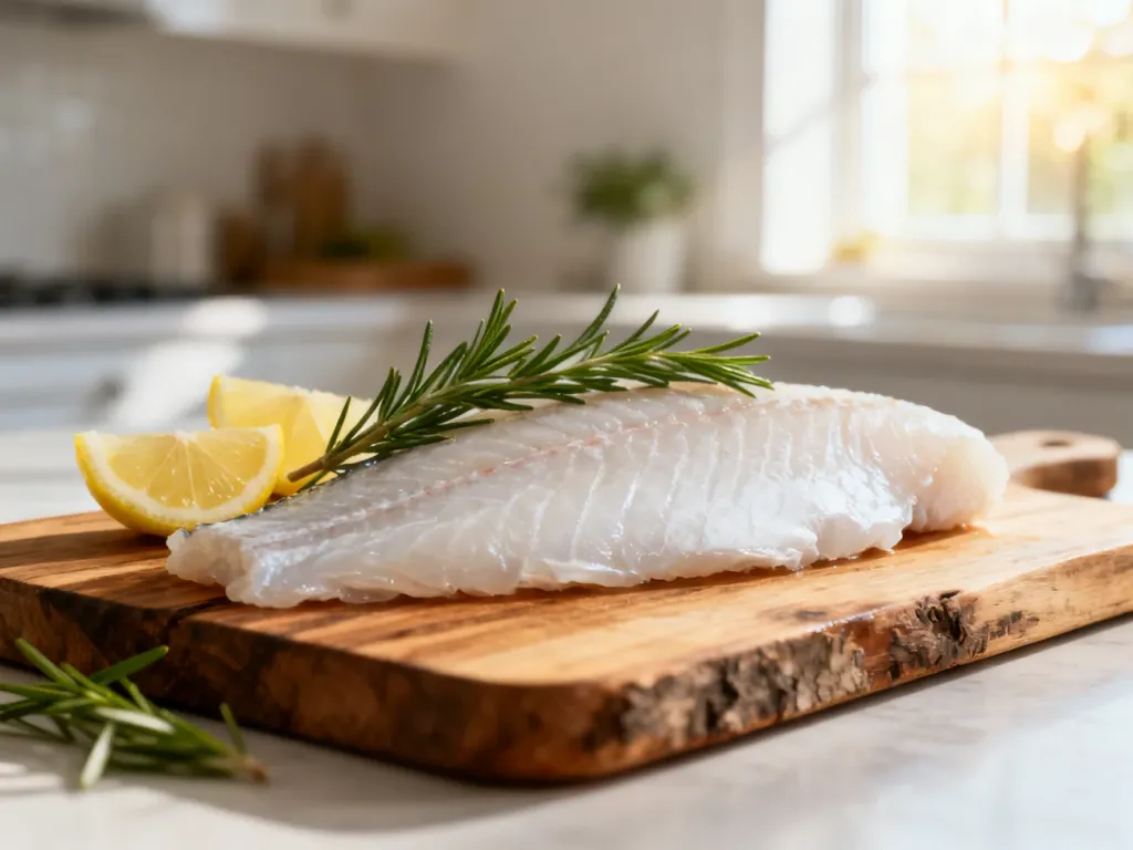 Surowy filet z białej ryby na drewnianej desce z cytryną i rozmarynem, podkreślający świeżość i lekkostrawność produktu.