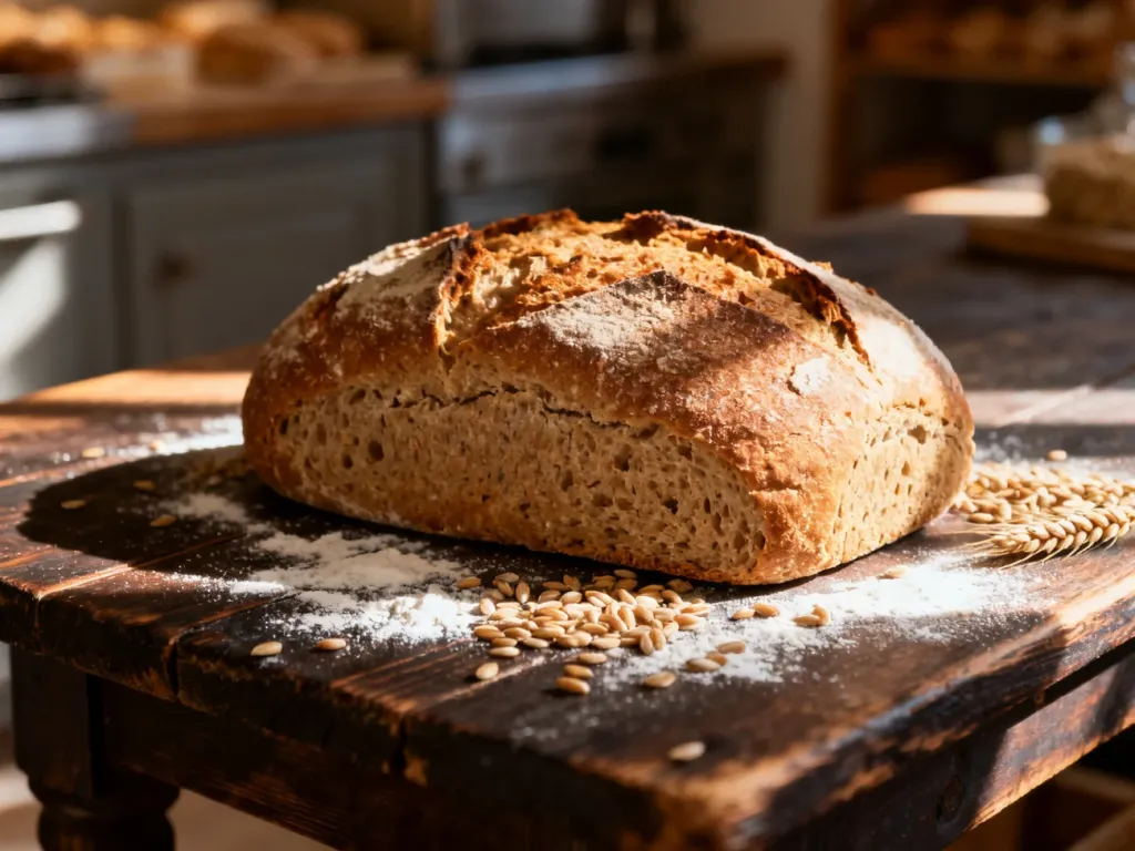 Świeży bochenek chleba graham na rustykalnym stole, podkreślający naturalną teksturę pełnoziarnistego pieczywa.